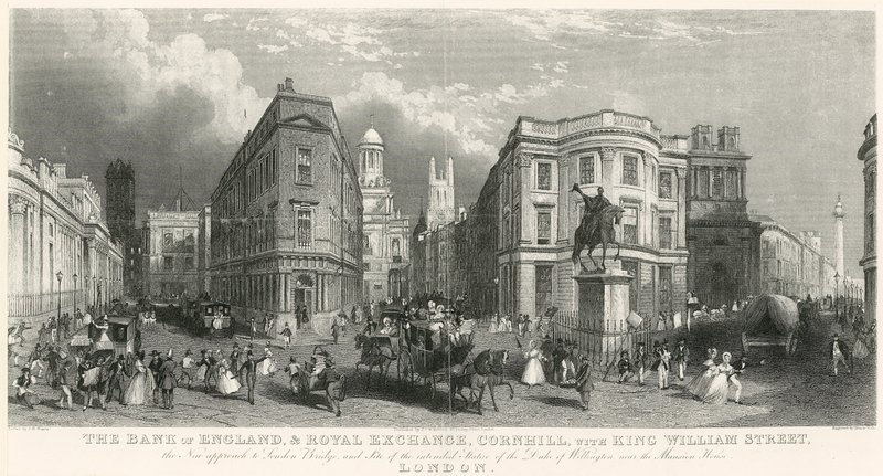 Bank of England och Royal Exchange, Cornhill, med King William Street av English School