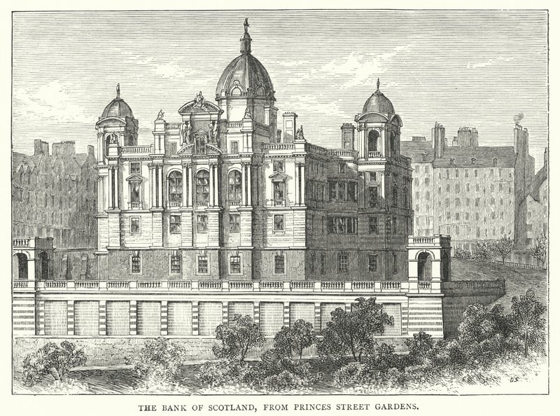 Bank of Scotland, från Princes Street Gardens (gravyr) av English School
