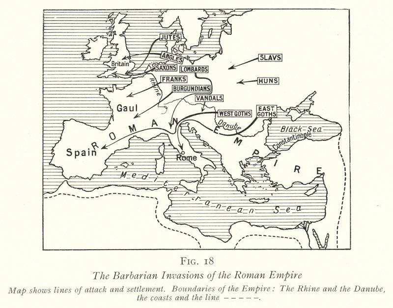 De barbariska invasionerna av det romerska imperiet (litho) av English School