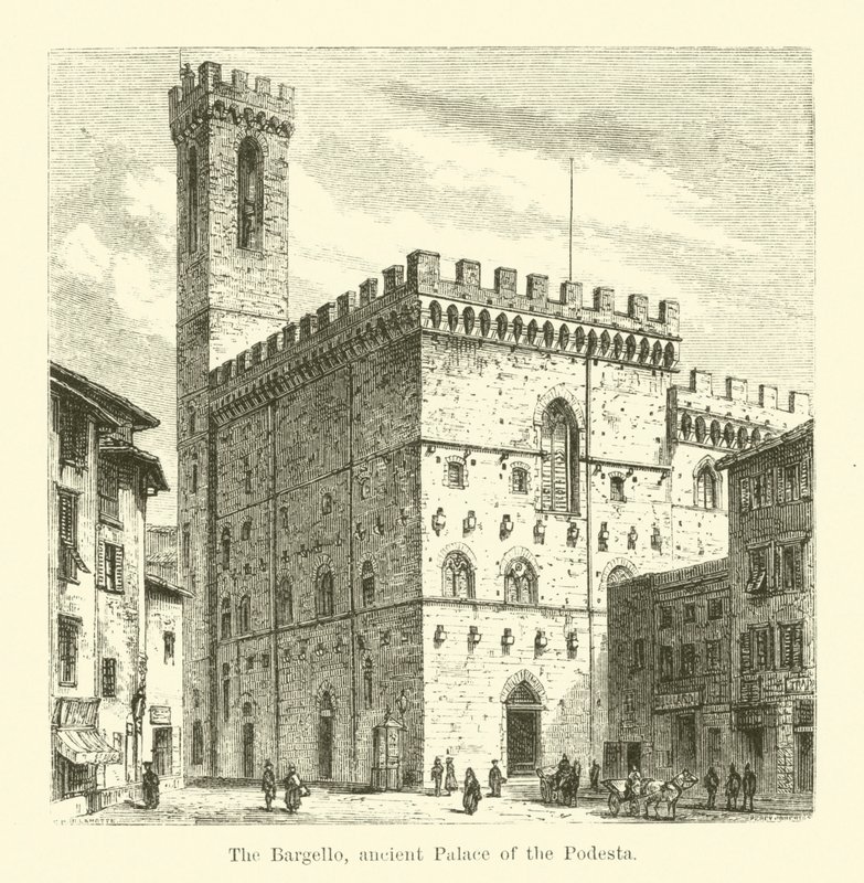 Bargello, antikt palats i Podesta (gravyr) av English School