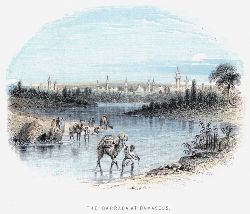 Barrada i Damaskus (färgad gravyr) av English School