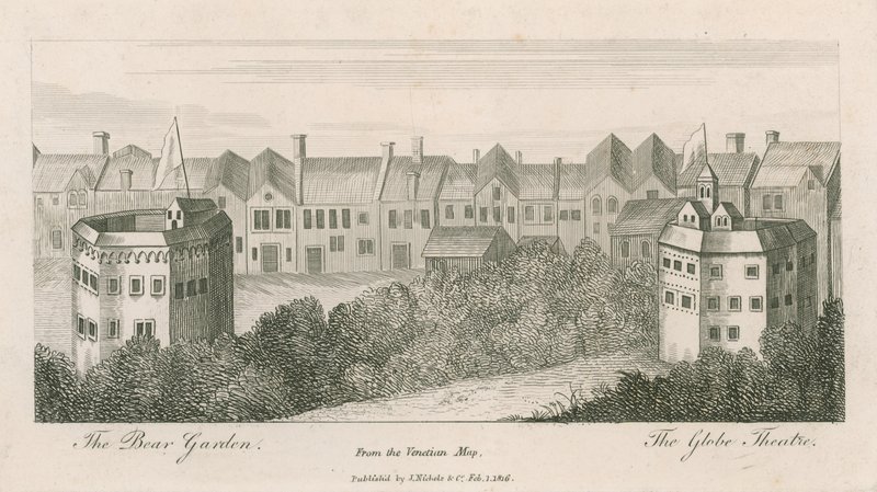 The Bear Garden and the Globe, Bankside, London, från den venetianska kartan av English School