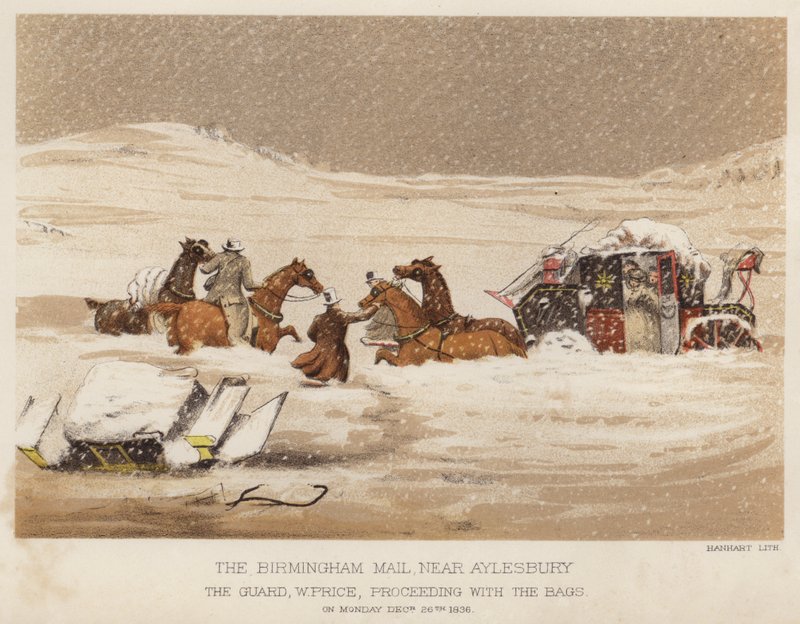 Birmingham-posten, nära Aylesbury, vakten W Price, fortsätter med väskorna (färg litho) av English School