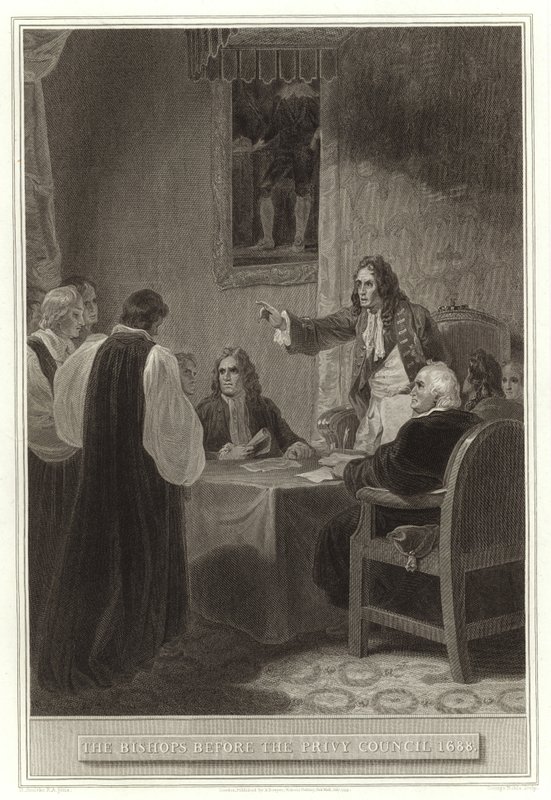 Biskoparna inför Privy Council 1688 av English School