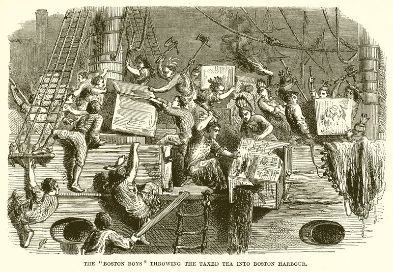 Boston Boys kastar Taxed Tea in i Boston Harbor av English School