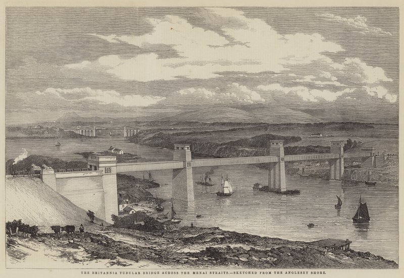 Britannia Tubular Bridge över Menaisundet (gravyr) av English School