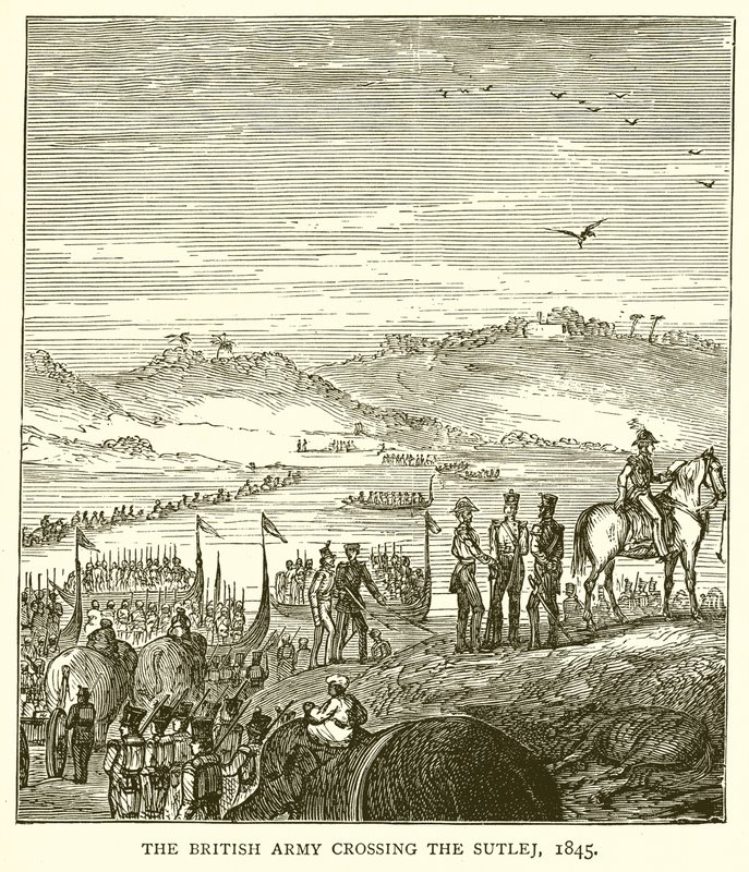 Den brittiska armén korsar Sutlej, 1845 av English School