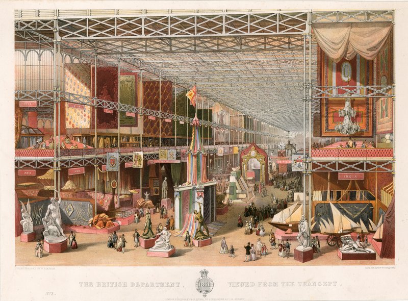 Det brittiska departementet, sett från tvärskeppet, stora utställningen, 1851 av English School
