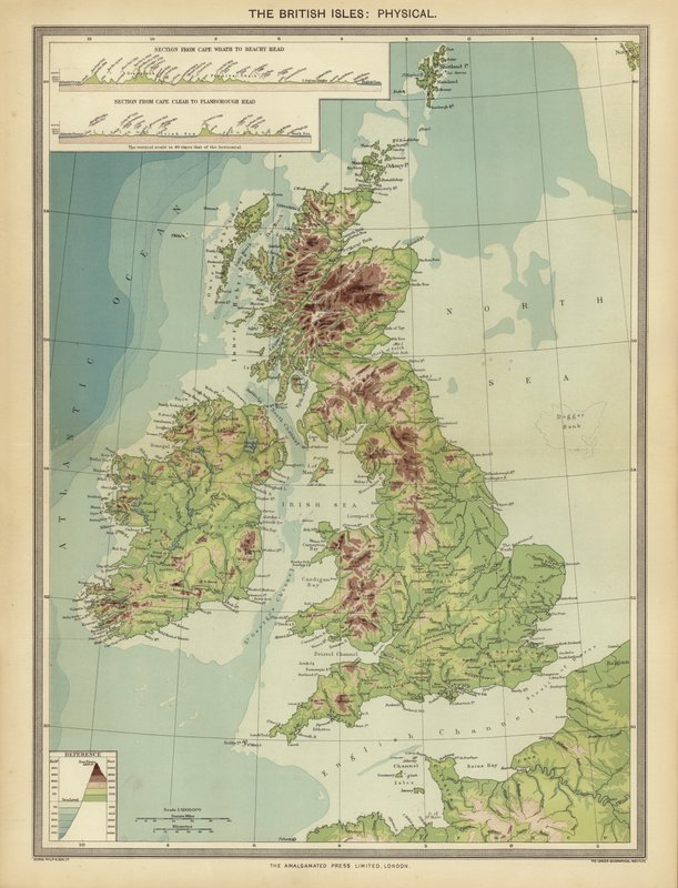 Brittiska öarna, fysisk (färg litho) av English School