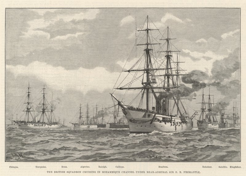 Den brittiska skvadronen kryssar i Moçambique Channel under konteramiral Sir E R Fremantle (gravyr) av English School