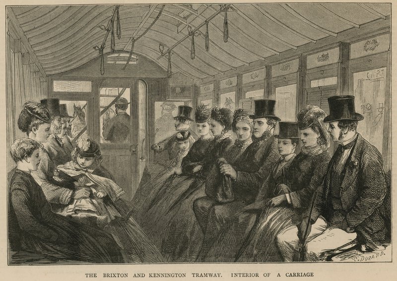 The Brixton and Kennington Tramway - insidan av en vagn av English School