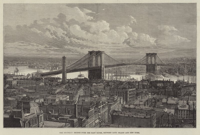 Brooklyn Bridge över East River, mellan Long Island och New York (gravyr) av English School