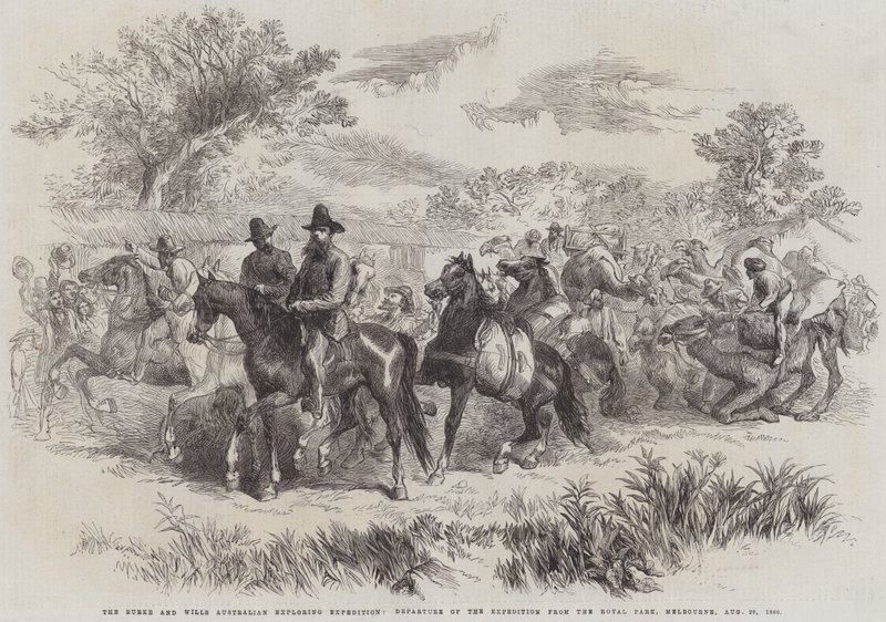 The Burke and Wills Australian Exploring Expedition, Expeditionens avgång från Royal Park, Melbourne, 20 augusti 1860 (gravyr) av English School