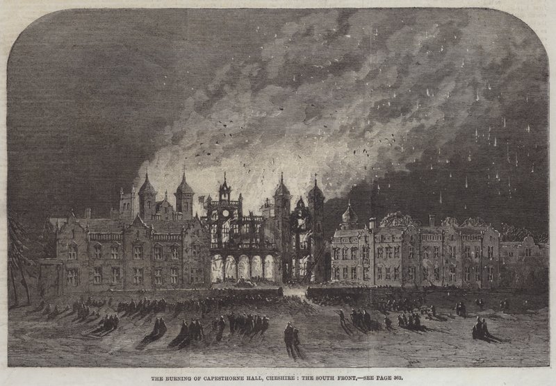 The Burning of Capesthorne Hall, Cheshire, South Front (gravyr) av English School