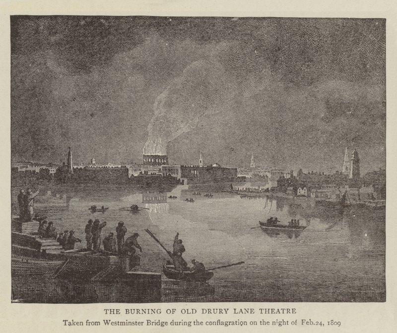 The Burning of Old Drury Lane Theatre (gravyr) av English School
