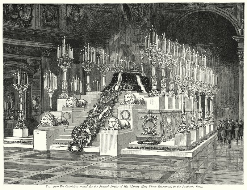 Katafalken uppförd för begravningsgudstjänsten för Hans Majestät Kung Victor Emmanuel, i Pantheon, Rom (gravyr) av English School