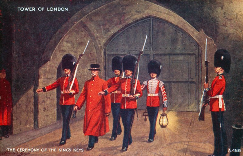 Ceremonin för kungens nycklar, Towern i London (färglitografi) av English School