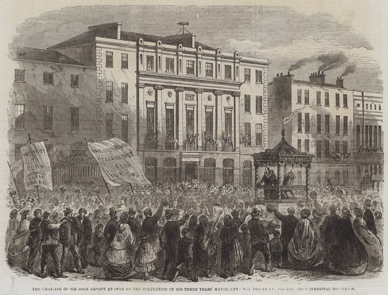 Ordföranden för Sir John Arnott i Cork efter avslutad hans treåriga borgmästardöme, processionen som passerar de kommersiella byggnaderna (gravyr) av English School