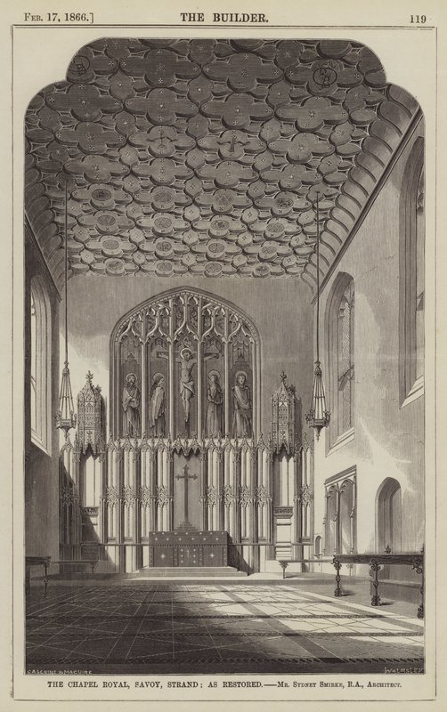 The Chapel Royal, Savoy, Strand, som restaurerat, Mr Sydney Smirke, RA, arkitekt (gravyr) av English School