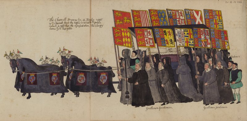 Vagnen i drottning Elizabeth I:s begravningståg (färgad gravyr) av English School