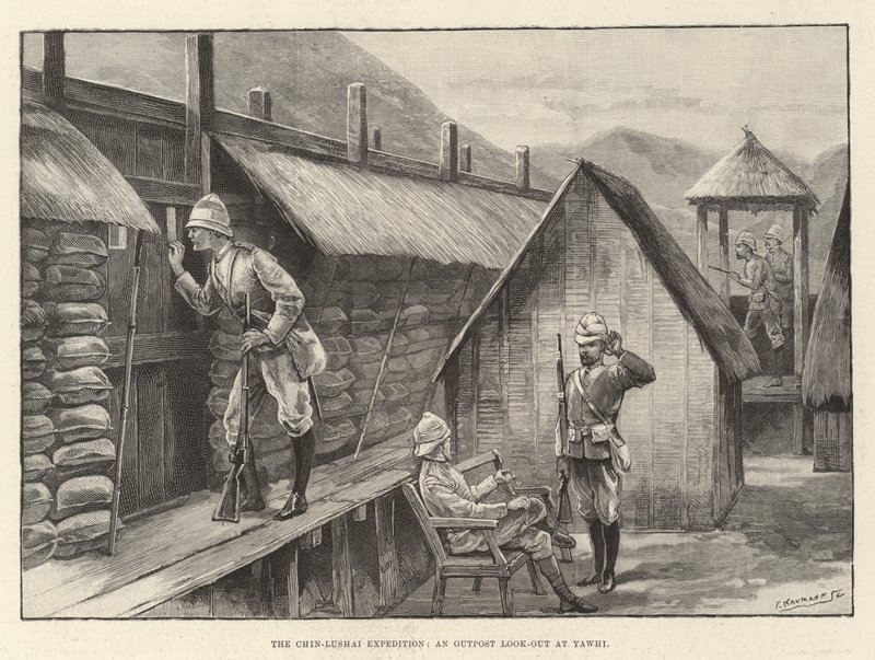 Chin-Lushai-expeditionen, en utpost med utsikt över Yawhi (gravyr) av English School