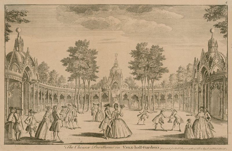 De kinesiska paviljongerna i Vauxhall Gardens, London av English School
