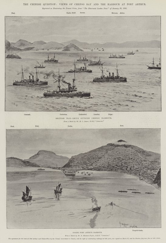 Den kinesiska frågan, utsikt över Chefoo Bay och hamnen i Port Arthur (litho) av English School