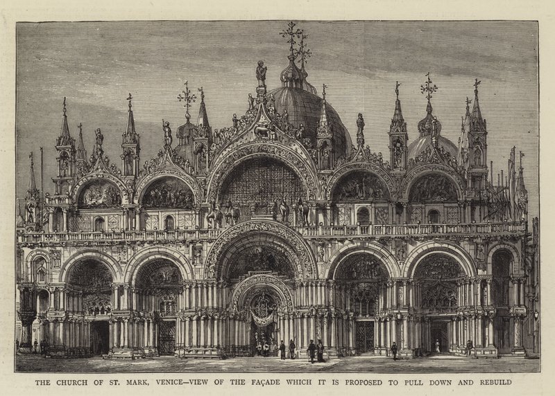 Markuskyrkan, Venedig, Vy över fasaden som det föreslås att dra ner och bygga om (gravyr) av English School