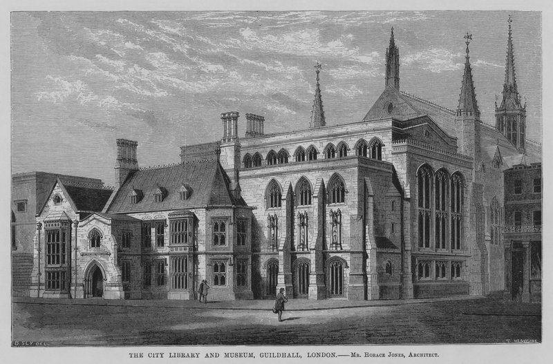 Stadsbiblioteket och museet, Guildhall, London (gravyr) av English School