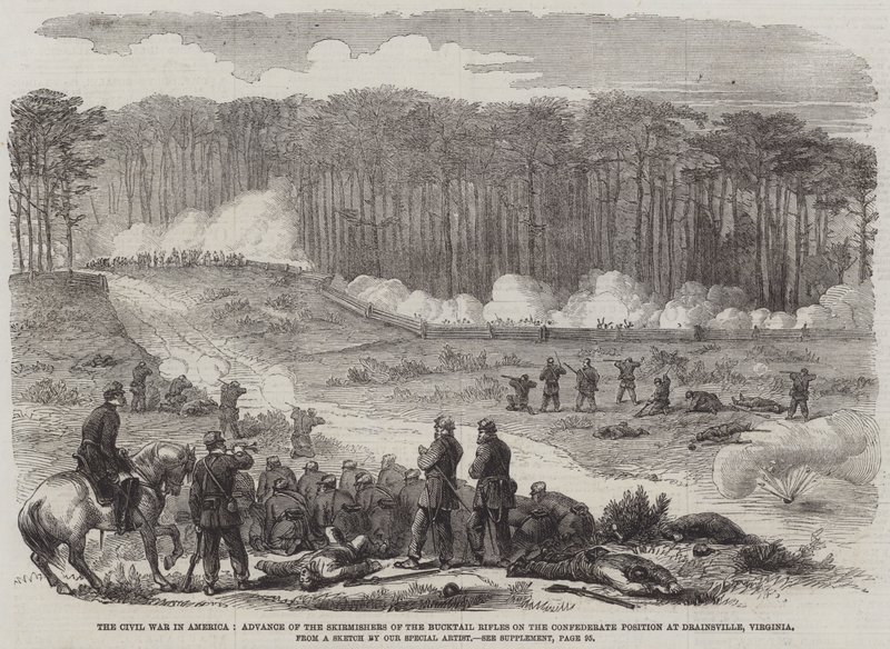 Inbördeskriget i Amerika, frammarsch av Skirmishers of the Bucktail Rifles på den konfedererade positionen i Drainsville, Virginia (gravyr) av English School