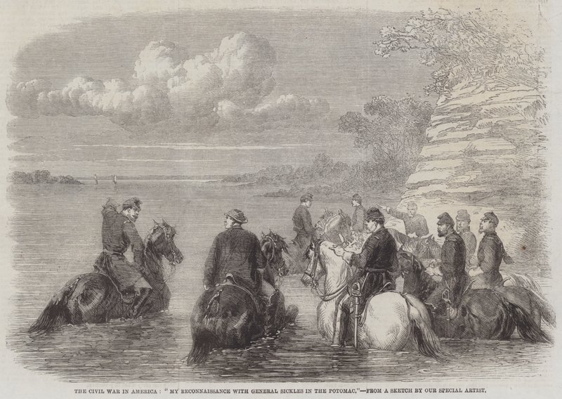 Inbördeskriget i Amerika, "My Reconnaissance with General Sickles in the Potomac" (gravyr) av English School