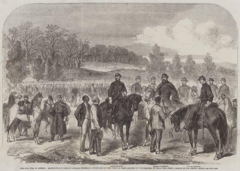Inbördeskriget i Amerika, spaning gjord av general Stoneman, åtföljd av Comte de Paris och Duc de Chartres, till Cedar Run (gravyr) av English School