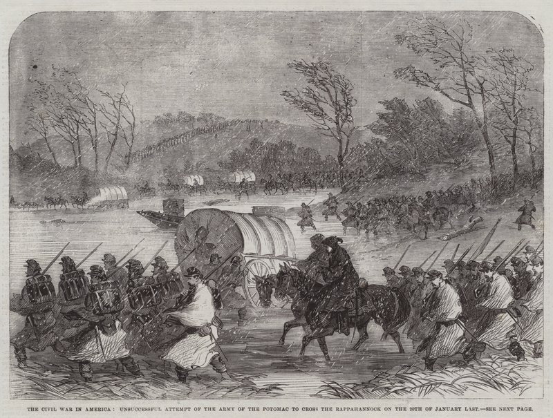 Inbördeskriget i Amerika, misslyckat försök från Army of the Potomac att korsa Rappahannock den 20 januari (gravyr) av English School