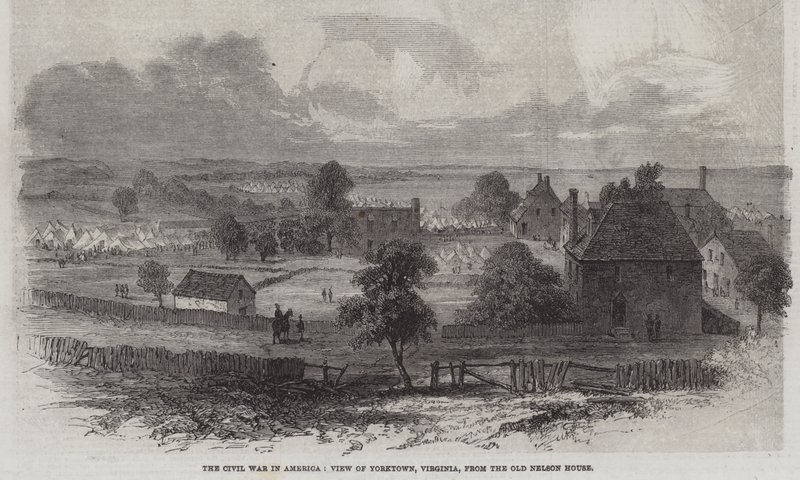 Inbördeskriget i Amerika, utsikt över Yorktown, Virginia, från Old Nelson House (gravyr) av English School