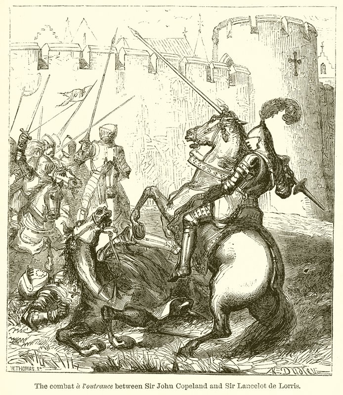 Striden & Foutrance mellan Sir John Copeland och Sir Lancelot de Lorris av English School