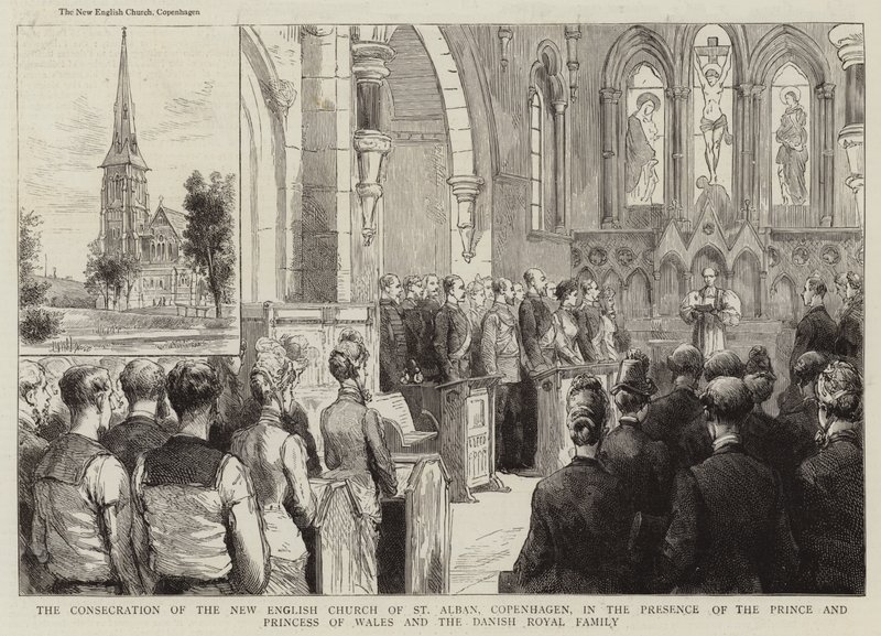 Invigningen av den nya engelska kyrkan St Alban, Köpenhamn, i närvaro av prinsen och prinsessan av Wales och den danska kungafamiljen (gravyr) av English School