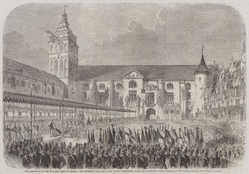 Kröningen av kungen och drottningen av Preussen, processionen från slottskyrkan, Königsberg, efter kröningen (gravyr) av English School