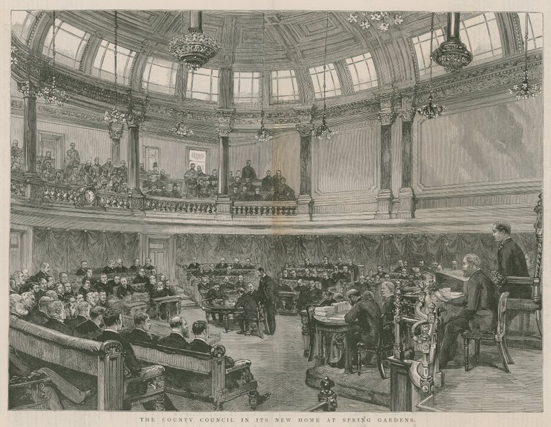 Landstinget i sitt nya hem i Spring Gardens, London av English School