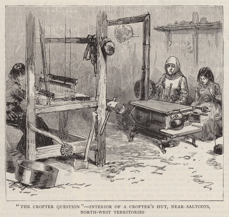 "The Crofter Question", interiör av en torparhydda, nära Saltcots, North-West Territories (gravyr) av English School