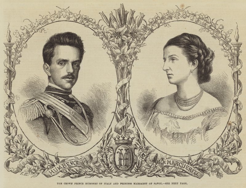Kronprinsen Humbert av Italien och prinsessan Margareta av Savojen (gravyr) av English School