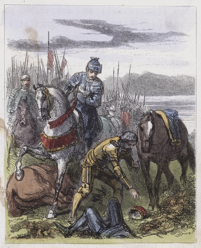 Kronan av Richard III, hittad på Bosworth Field (färgad gravyr) av English School
