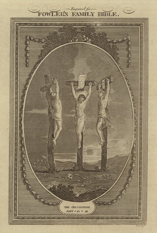 Korsfästelsen, Johannes, kapitel 19, vers 18 (gravyr) av English School
