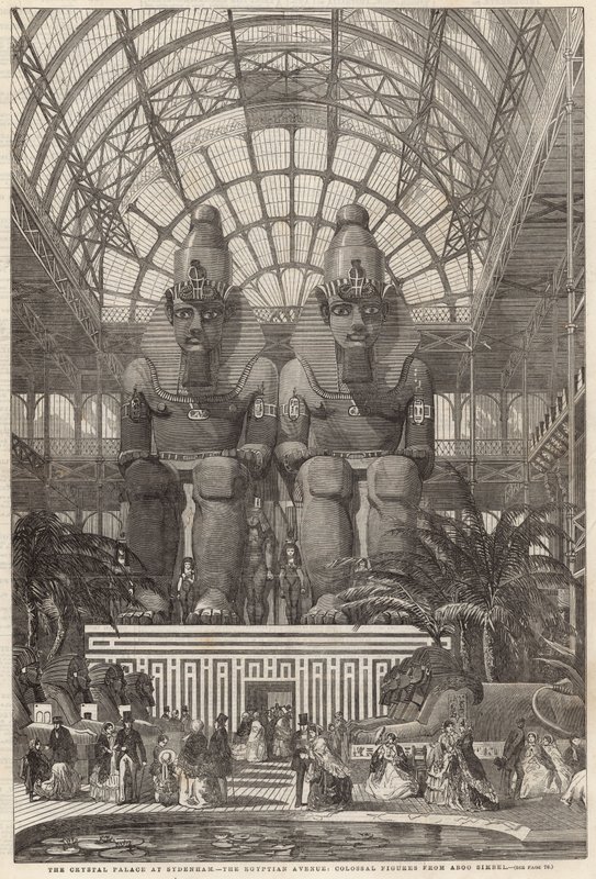 Crystal Palace i Sydenham; Egyptian Avenue, kolossala figurer från Aboo Simbel av English School