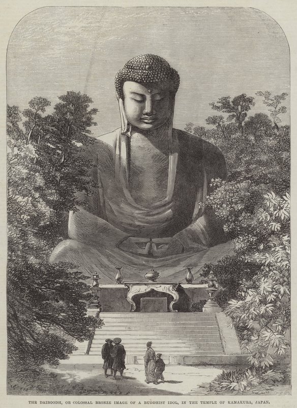 Daibodh, eller kolossal bronsbild av en buddhistisk idol, i templet i Kamakura, Japan (gravyr) av English School