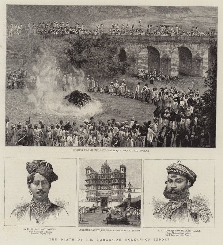 HH Maharajah Holkars död av Indore (gravyr) av English School