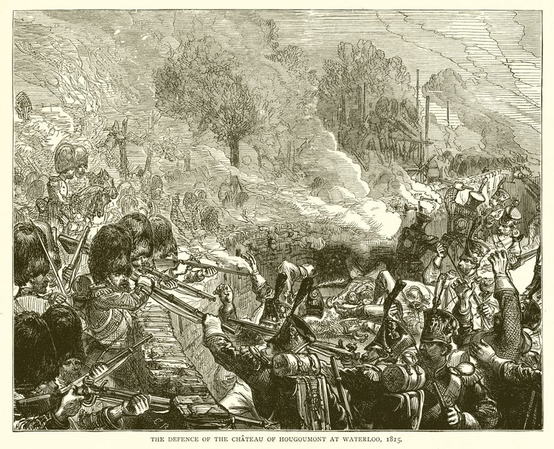 Försvaret av slottet Hougoumont i Waterloo, 1815 av English School
