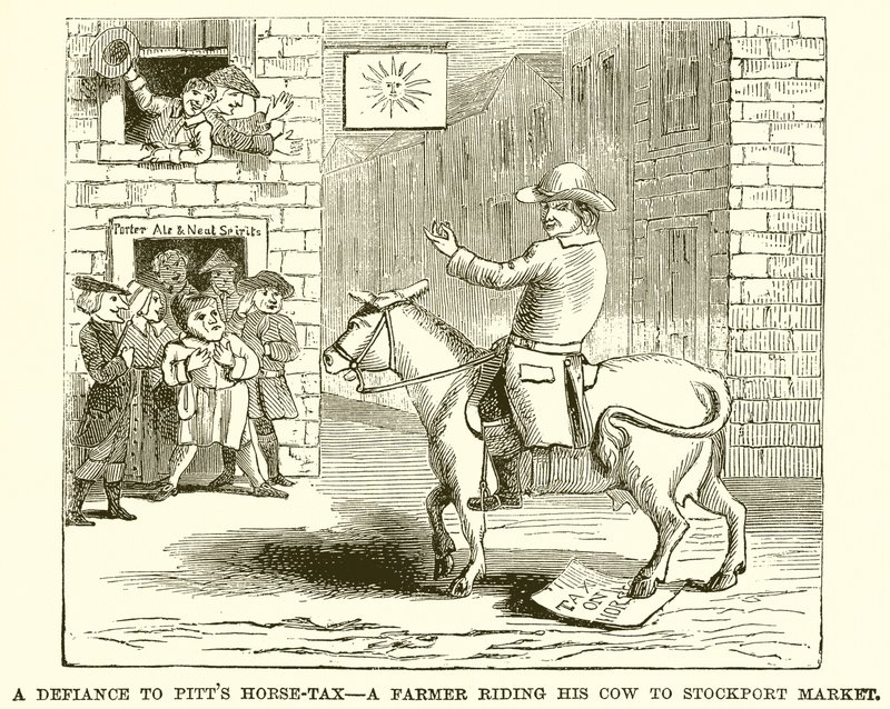 Utmaningen mot Pitts Horse-Tax - En bonde som rider sin ko till Stockport Market av English School