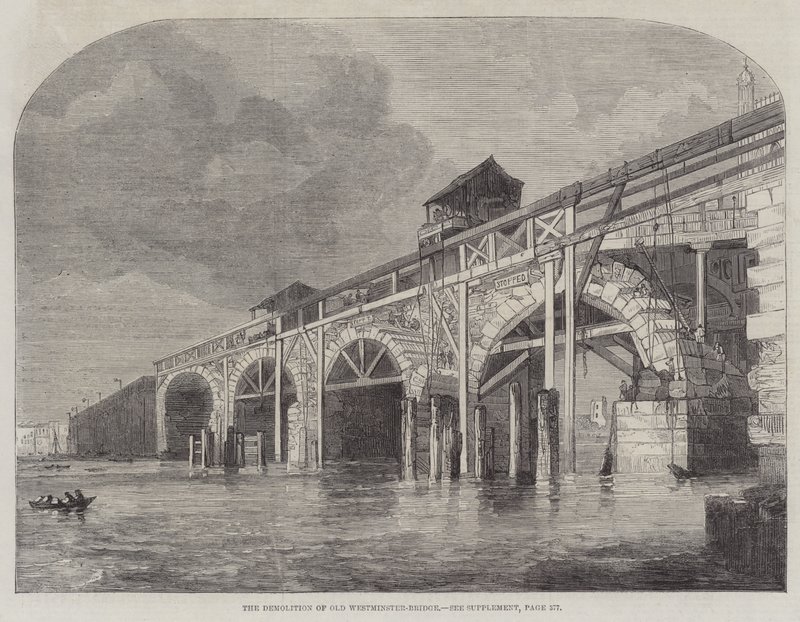 Rivningen av Old Westminster-Bridge (gravyr) av English School