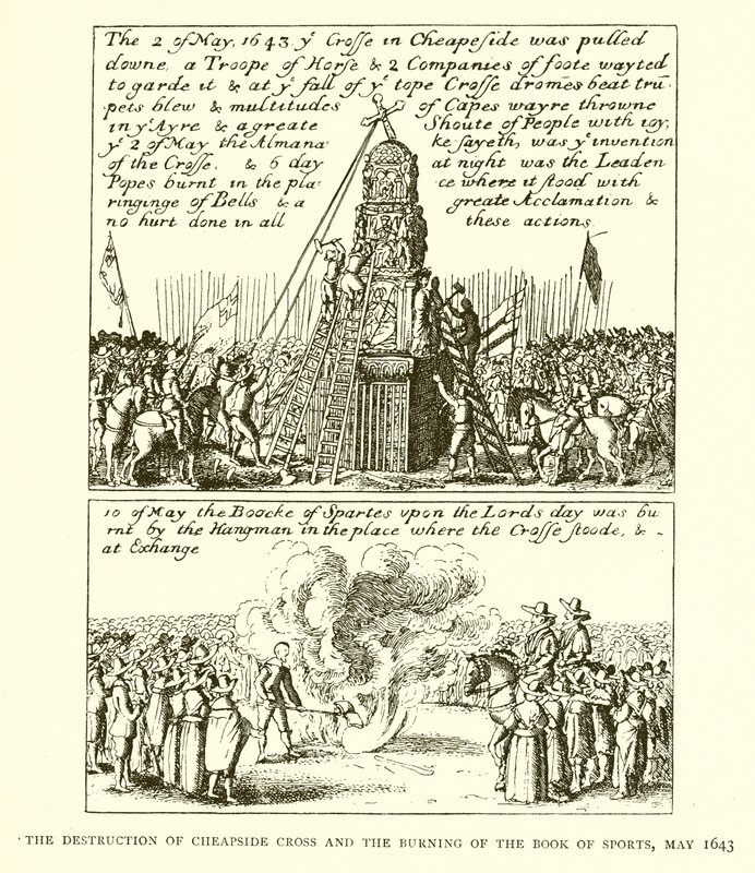 The Destruction of Cheapside Cross and the Burning of the Book of Sports, maj 1643 av English School