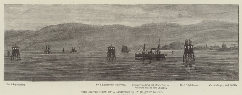 Förstörelsen av en fyr i Belfast Lough (gravyr) av English School